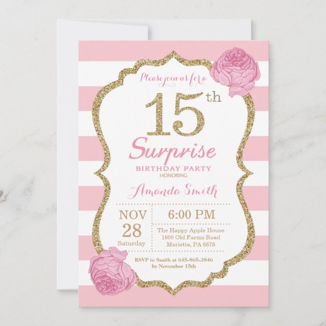 Surprise 15th Birthday Invitation Pink and Gold (Front)