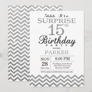 Surprise 15th Birthday Invitation Silver Glitter