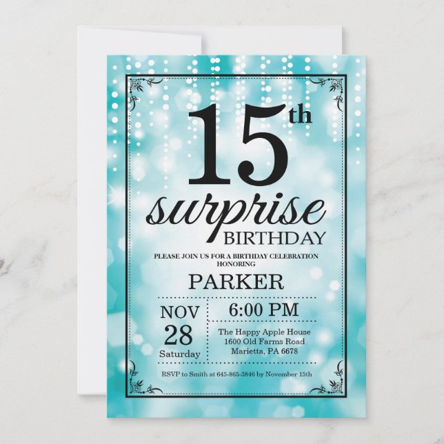 Surprise 15th Birthday Invitation Teal Glitter (Front)
