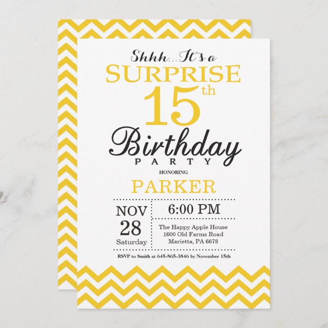 Surprise 15th Birthday Invitation Yellow Chevron (Front/Back)