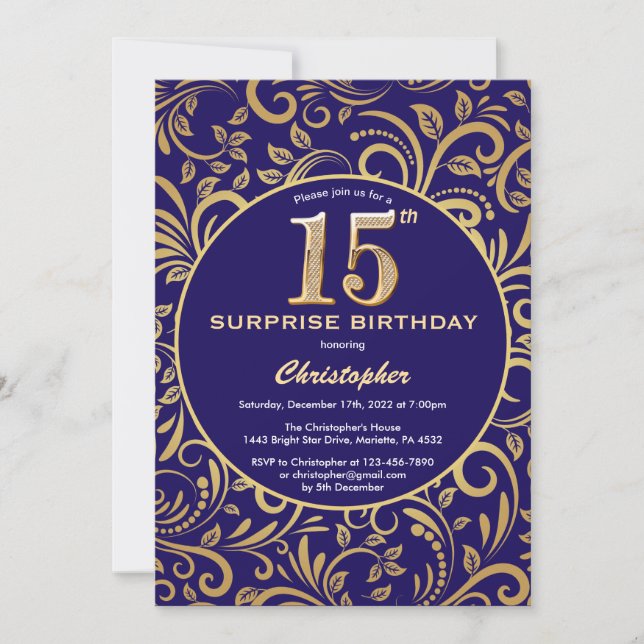 Surprise 15th Birthday Navy Blue and Gold Floral Invitation (Front)