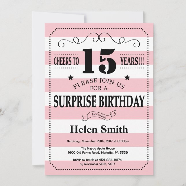 Surprise 15th Birthday Pink and White Stripes Invitation (Front)