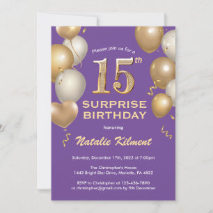 Surprise 15th Birthday Purple and Gold Balloons Invitation