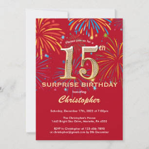 Surprise 15th Birthday Red & Gold Rainbow Firework Invitation