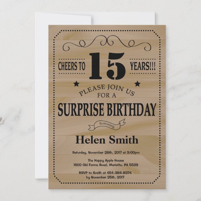 Surprise 15th Birthday Rustic Wood Invitation (Front)