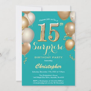 Surprise 15th Birthday Teal and Gold Balloons Invitation