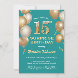Surprise 15th Birthday Teal and Gold Balloons Invitation