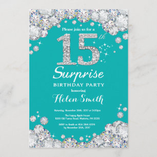 Surprise 15th Birthday Teal and Silver Diamond Invitation