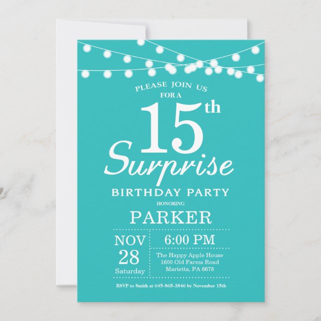 Surprise 15th Birthday Teal Aqua Turquoise Invitation (Front)