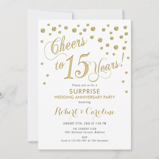 Surprise 15th Wedding Anniversary - White & Gold Invitation (Front)