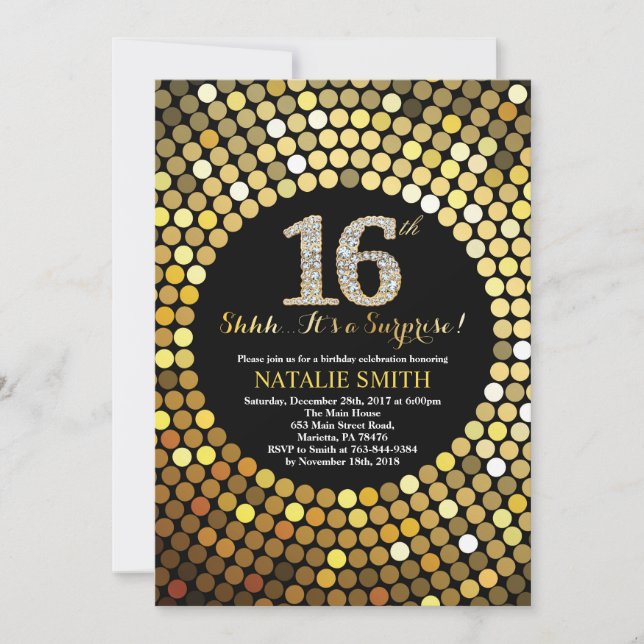 Surprise 16th Birthday Black and Gold Glitter Invitation (Front)