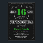 Surprise 16th Birthday Black and Green Chalkboard Invitation<br><div class="desc">Surprise 16th Birthday Invitation Black and Green Typography. Chalkboard. Black and White Background. Kids Birthday. Male Men or Women Birthday. Kids Boy or Girl Lady Teen Teenage Bday Invite. 13th 15th 16th 18th 20th 21st 30th 40th 50th 60th 70th 80th 90th 100th. Any Age. For further customisation, please click the...</div>