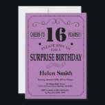 Surprise 16th Birthday Black and Purple Invitation<br><div class="desc">Surprise 16th Birthday Invitation Black and Purple Typography. Black and Purple Background. Kids Birthday. Male Men or Women Birthday. Kids Boy or Girl Lady Teen Teenage Bday Invite. 13th 15th 16th 18th 20th 21st 30th 40th 50th 60th 70th 80th 90th 100th. Any Age. For further customisation, please click the "Customise...</div>