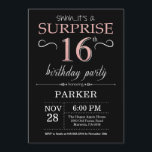Surprise 16th Birthday Black and Rose Pink Gold Invitation<br><div class="desc">Surprise 16th Birthday Invitation with Black and Rose Pink Gold Glitter Background. Chalkboard. Kids Birthday. Boy or Girl Lady Teen Teenage Bday Invite. Any age. For further customisation,  please click the "Customise it" button and use our design tool to modify this template.</div>