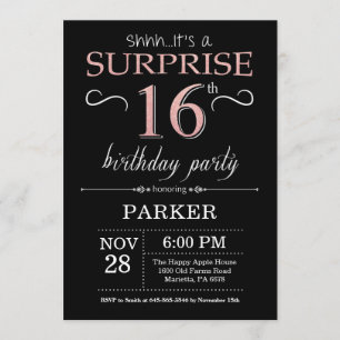Surprise 16th Birthday Black and Rose Pink Gold Invitation