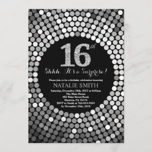 Surprise 16th Birthday Black and Silver Glitter Invitation