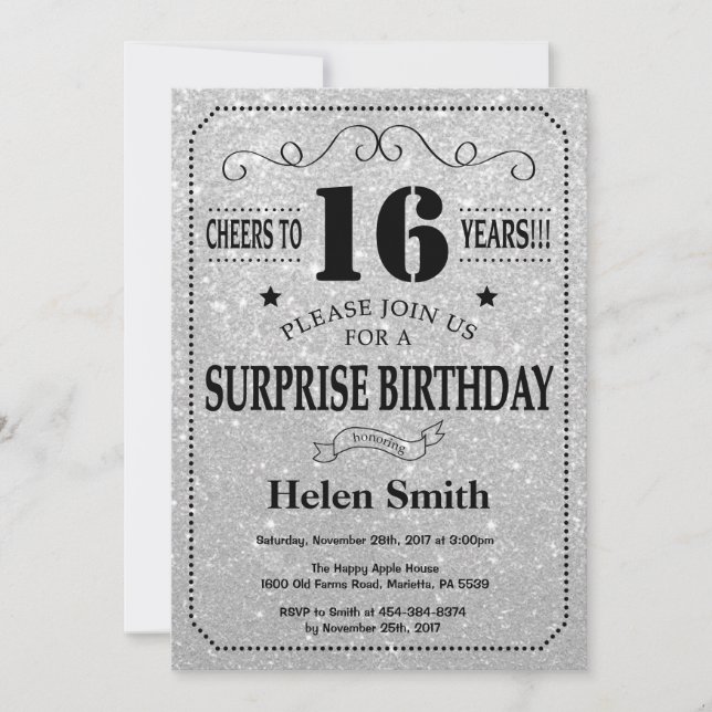 Surprise 16th Birthday Black and Silver Glitter Invitation (Front)