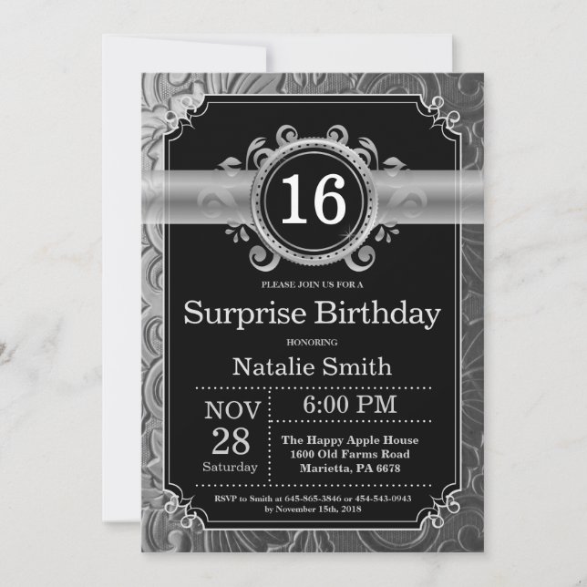 Surprise 16th Birthday Black and Silver Glitter Invitation (Front)