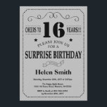 Surprise 16th Birthday Black and Silver Grey Invitation<br><div class="desc">Surprise 16th Birthday Invitation Black and Silver Grey Typography. Black and Silver Grey Grey Background. Kids Birthday. Male Men or Women Birthday. Kids Boy or Girl Lady Teen Teenage Bday Invite. 13th 15th 16th 18th 20th 21st 30th 40th 50th 60th 70th 80th 90th 100th. Any Age. For further customisation, please...</div>