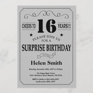 Surprise 16th Birthday Black and Silver Grey Invitation