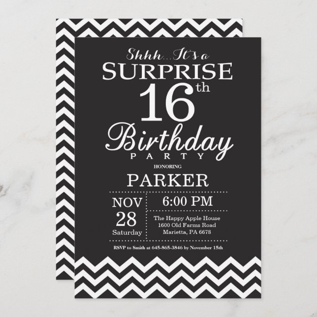 Surprise 16th Birthday Black and White Chevron Invitation (Front/Back)