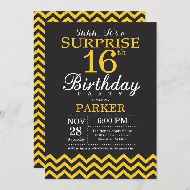 Surprise 16th Birthday Black and Yellow Chevron Invitation (Front/Back)