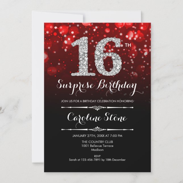 Surprise 16th Birthday - Black Red Silver Invitation (Front)