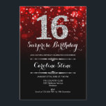 Surprise 16th Birthday - Black Red Silver Invitation<br><div class="desc">Surprise 16th Birthday Invitation.
Elegant black red design with faux glitter silver. Adult birthday. Features diamonds,  bokeh lights and script font. Men or women bday invite.  Perfect for a stylish birthday party. Message me if you need further customization.</div>