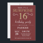 Surprise 16th Birthday Burgundy and Gold Glitter Invitation<br><div class="desc">Surprise 16th Birthday Invitation with Burgundy and Purple Glitter Background. Chalkboard. Kids Birthday. Boy or Girl Lady Teen Teenage Bday Invite. Any age. For further customisation,  please click the "Customise it" button and use our design tool to modify this template.</div>