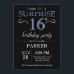 Surprise 16th Birthday Invitation Black and Blue<br><div class="desc">Surprise 16th Birthday Invitation with Black and Blue Glitter Background. Chalkboard. Kids Birthday. Boy or Girl Lady Teen Teenage Bday Invite. Any age. For further customisation,  please click the "Customise it" button and use our design tool to modify this template.</div>