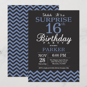 Surprise 16th Birthday Invitation Black and Blue