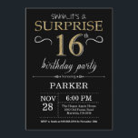 Surprise 16th Birthday Invitation Black and Gold<br><div class="desc">Surprise 16th Birthday Invitation with Black and Gold Glitter Background. Chalkboard. Kids Birthday. Boy or Girl Lady Teen Teenage Bday Invite. Any age. For further customisation,  please click the "Customise it" button and use our design tool to modify this template.</div>