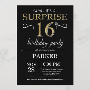 Surprise 16th Birthday Invitation Black and Gold