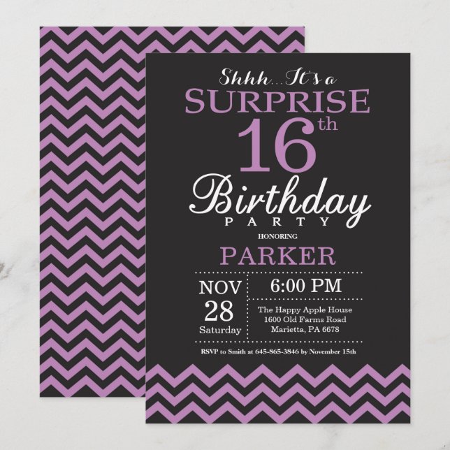 Surprise 16th Birthday Invitation Black and Purple (Front/Back)
