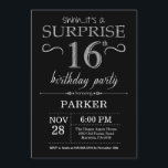 Surprise 16th Birthday Invitation Black and Silver<br><div class="desc">Surprise 16th Birthday Invitation with Black and Silver Glitter Background. Chalkboard. Kids Birthday. Boy or Girl Lady Teen Teenage Bday Invite. Any age. For further customisation,  please click the "Customise it" button and use our design tool to modify this template.</div>