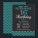 Surprise 16th Birthday Invitation Black and Teal<br><div class="desc">Surprise 16th Birthday Invitation with Black and Teal Chevron. Chalkboard. Kids Birthday. Boy or Girl Bday Invite. For further customisation,  please click the "Customise it" button and use our design tool to modify this template.</div>