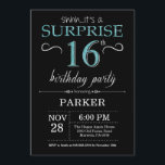 Surprise 16th Birthday Invitation Black and Teal<br><div class="desc">Surprise 16th Birthday Invitation with Black and Teal Glitter Background. Chalkboard. Kids Birthday. Boy or Girl Lady Teen Teenage Bday Invite. Any age. For further customisation,  please click the "Customise it" button and use our design tool to modify this template.</div>