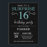 Surprise 16th Birthday Invitation Black and Teal<br><div class="desc">Surprise 16th Birthday Invitation with Black and Teal Glitter Background. Chalkboard. Kids Birthday. Boy or Girl Lady Teen Teenage Bday Invite. Any age. For further customisation,  please click the "Customise it" button and use our design tool to modify this template.</div>