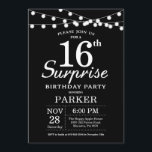 Surprise 16th Birthday Invitation Black and White<br><div class="desc">Surprise 16th Birthday Invitation with String Lights. Black Background. Kids Birthday. Boy or Girl Birthday. 13th 15th 16th 18th 20th 21st 30th 40th 50th 60th 70th 80th 90th 100th,  Any age. For further customisation,  please click the "Customise it" button and use our design tool to modify this template.</div>