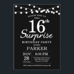 Surprise 16th Birthday Invitation Black and White<br><div class="desc">Surprise 16th Birthday Invitation with String Lights. Black Background. Kids Birthday. Boy or Girl Birthday. 13th 15th 16th 18th 20th 21st 30th 40th 50th 60th 70th 80th 90th 100th,  Any age. For further customisation,  please click the "Customise it" button and use our design tool to modify this template.</div>
