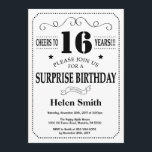 Surprise 16th Birthday Invitation Black and White<br><div class="desc">Surprise 16th Birthday Invitation Black and White Typography. Black and White Background. Kids Birthday. Male Men or Women Birthday. Kids Boy or Girl Lady Teen Teenage Bday Invite. 13th 15th 16th 18th 20th 21st 30th 40th 50th 60th 70th 80th 90th 100th. Any Age. For further customisation, please click the "Customise...</div>