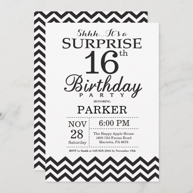 Surprise 16th Birthday Invitation Black Chevron (Front/Back)