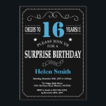 Surprise 16th Birthday Invitation Blue and Black<br><div class="desc">Surprise 16th Birthday Invitation Blue and Black Typography. Chalkboard. Black and White Background. Kids Birthday. Male Men or Women Birthday. Kids Boy or Girl Lady Teen Teenage Bday Invite. 13th 15th 16th 18th 20th 21st 30th 40th 50th 60th 70th 80th 90th 100th. Any Age. For further customisation, please click the...</div>