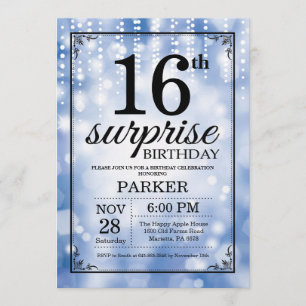 Surprise 16th Birthday Invitation Blue Glitter