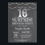Surprise 16th Birthday Invitation Chalkboard<br><div class="desc">Surprise 16th Birthday Invitation with Chalkboard Black and White Background. String Lights. Kids Birthday. Boy or Girl Birthday. For further customisation,  please click the "Customise it" button and use our design tool to modify this template.</div>
