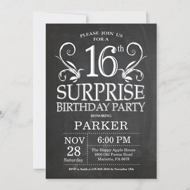Surprise 16th Birthday Invitation Chalkboard (Front)