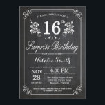 Surprise 16th Birthday Invitation Chalkboard<br><div class="desc">Surprise 16th Birthday Invitation with Rustic Chalkboard Background and Floral Flower Pattern, Black and White. Adult Birthday. Male Men or Women Birthday. Kids Boy or Girl Lady Teen Teenage Bday Invite. 13th 15th 16th 18th 20th 21st 30th 40th 50th 60th 70th 80th 90th 100th. Any Age. For further customisation, please...</div>