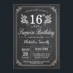 Surprise 16th Birthday Invitation Chalkboard<br><div class="desc">Surprise 16th Birthday Invitation with Rustic Chalkboard Background and Floral Flower Pattern, Black and White. Adult Birthday. Male Men or Women Birthday. Kids Boy or Girl Lady Teen Teenage Bday Invite. 13th 15th 16th 18th 20th 21st 30th 40th 50th 60th 70th 80th 90th 100th. Any Age. For further customisation, please...</div>