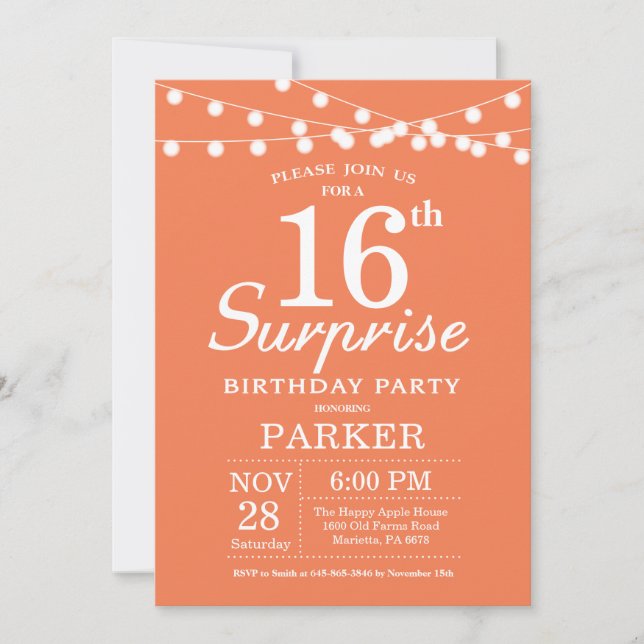 Surprise 16th Birthday Invitation Coral (Front)