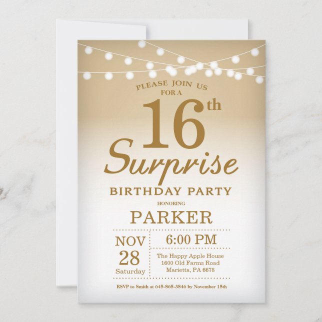 Surprise 16th Birthday Invitation Gold (Front)